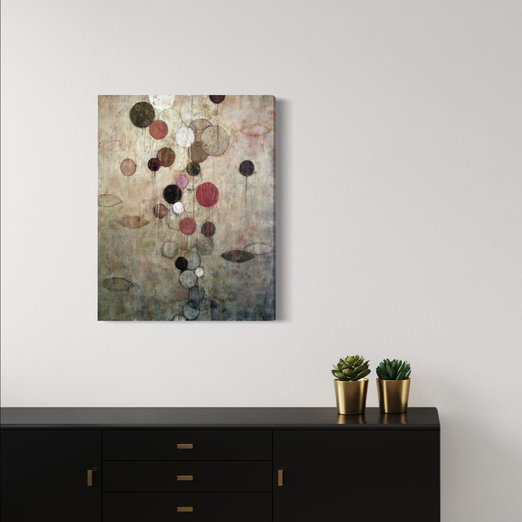 The artwork 'Connection 3' by Sonomi Kobayashi features floating circular forms in muted burgundy, black, and white against a textured beige and gray background. The abstract composition creates a dreamy, ethereal effect with translucent circles appearing to drift upward, reminiscent of floating bubbles or organic forms. Oil on canvas creates depth and subtle color transitions. By Sonomi Kobayashi.
