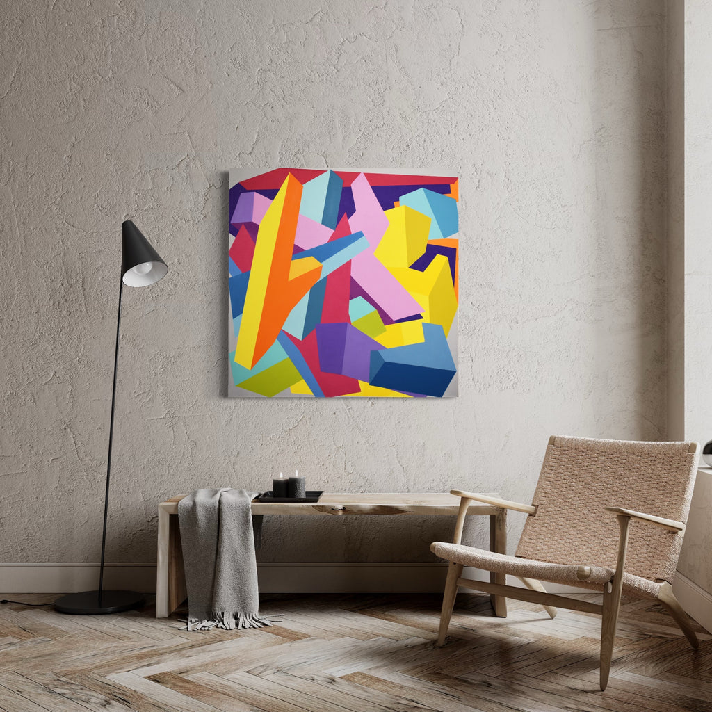 The artwork 'Overstory' by Kati Vilim features vibrant geometric abstraction with bold angular shapes in yellow, orange, pink, blue, and red. Dynamic intersecting forms create a sense of movement and depth on the 40x40 inch oil canvas, displaying a contemporary minimal aesthetic with sharp edges and color blocking composition by Kati Vilim.