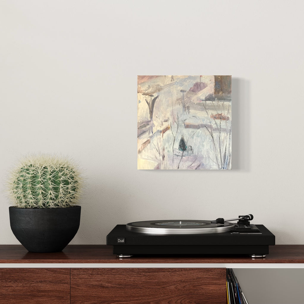 The artwork 'Duane Street, Snow' by Peter Colquhoun features delicate, abstract botanical forms in muted winter tones of grey, white, and pale lavender. Graceful organic shapes suggest bare branches and stems against a misty, snow-covered background, executed in loose, ethereal brushstrokes on oil paper, creating a dreamy winter landscape.