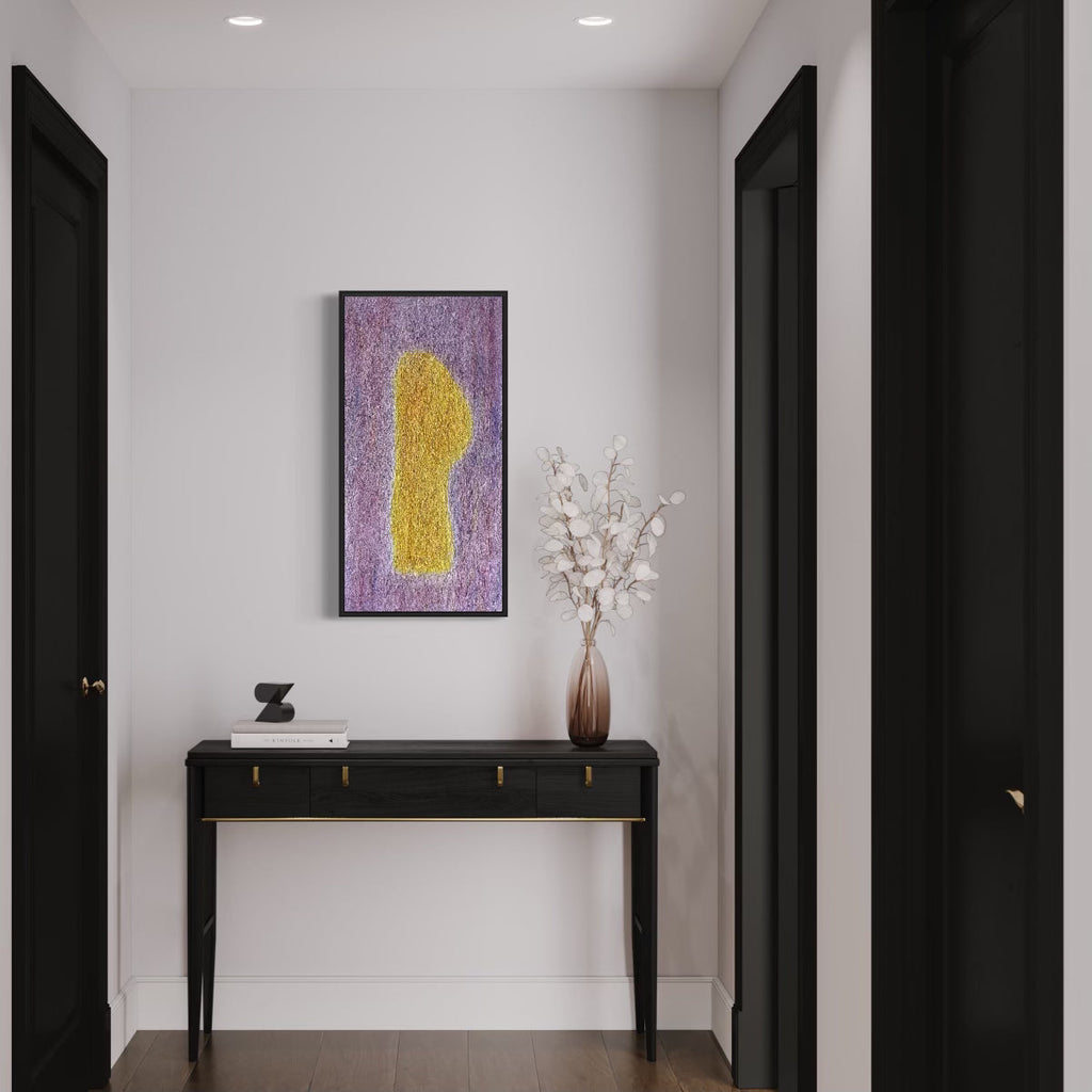 The artwork 'Number 13' by Roberto A Godinez features an abstract composition with a striking yellow silhouette against a vibrant purple textured background. The oil painting, displayed in a sleek black frame, creates a bold contemporary statement with its minimalist color palette and textural contrasts. The 36x18 inch canvas showcases expressive brushwork and rich pigmentation. By Roberto A Godinez.