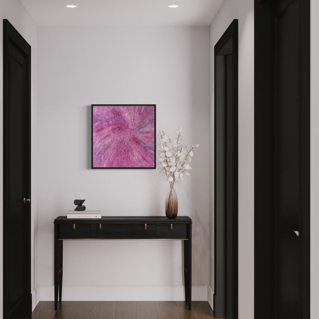 The artwork 'Number 8' by Roberto A Godinez features a vibrant pink abstract composition with radial burst patterns, creating a dynamic spiral effect. The oil on canvas painting, displayed in a sleek black frame, showcases textured brushstrokes emanating from the center. The 24x24 inch piece exhibits a contemporary expressionist style with rich magenta tones. By Roberto A Godinez