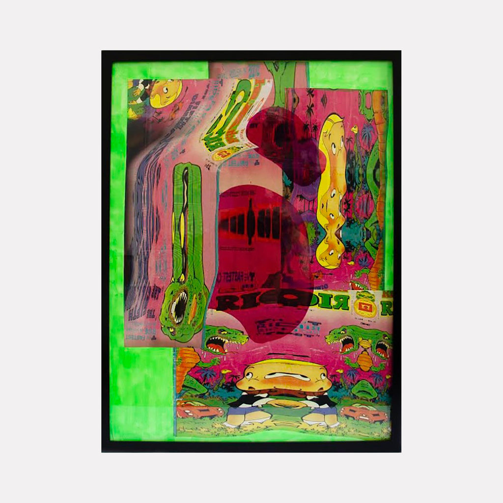 The artwork 'Indecisiveness' by Travis Witmer features a vibrant paper collage with bold neon green borders framing abstract organic shapes. Flowing forms in bright yellow, deep crimson, and lime green create a psychedelic landscape. The composition includes wavy vertical elements and curved shapes, with a striking contrast between fluorescent and darker tones. 25x19 inches paper collage by Travis Witmer.