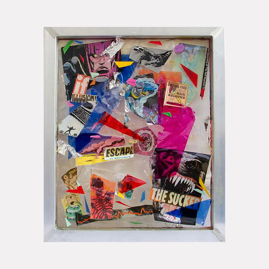 The artwork 'The If Illusion' by Travis Witmer features a dynamic mixed media resin collage with vibrant overlapping elements including text fragments, geometric shapes, and abstract designs in bold colors of pink, blue, yellow, and red. The 24x20 inch piece showcases a layered composition with torn paper effects and urban-style graphics sealed in glossy resin.