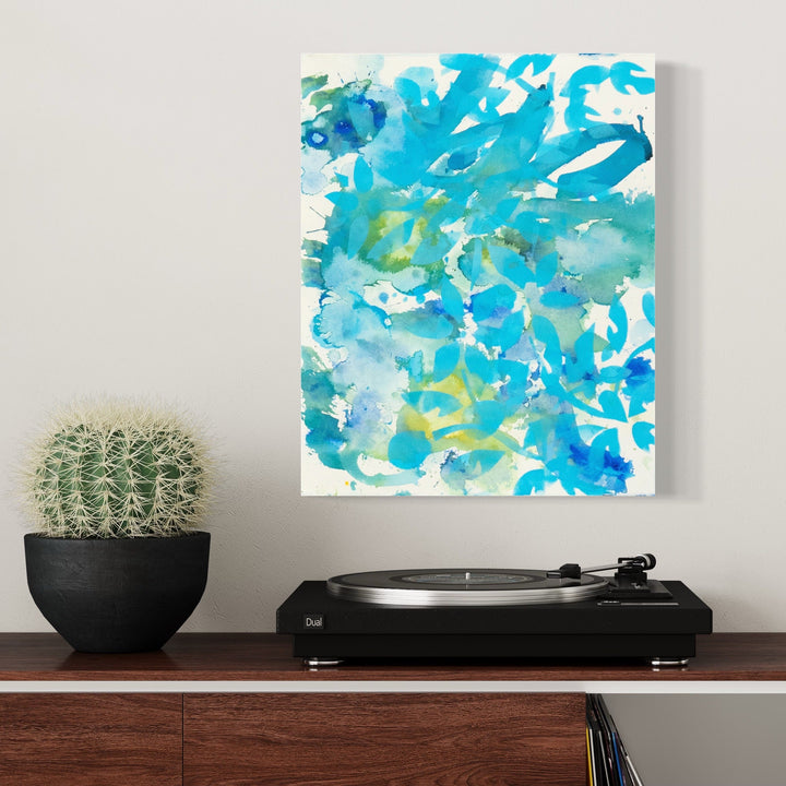 The artwork 'Flowers on A Rainy Day' by Lisa Petker Mintz features vibrant turquoise and aqua watercolor-like splashes creating an abstract floral impression. Dynamic brushstrokes in varying shades of blue blend with subtle yellow undertones, suggesting raindrops and blooming flowers in a dreamy, fluid acrylic composition on paper, sized 20x16 inches.