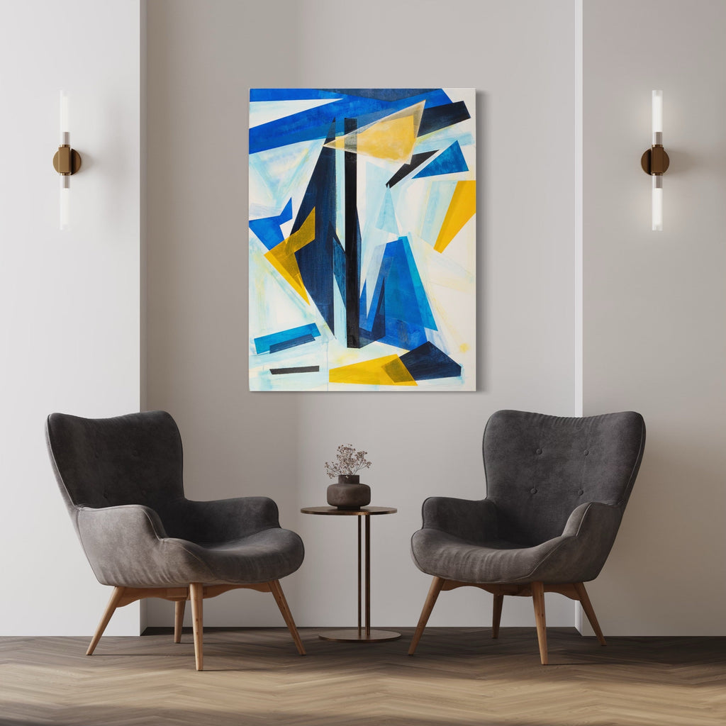 The artwork 'Isosceles Triangle' by Lisa Petker Mintz features bold geometric shapes in vibrant blue, yellow, and white tones. Abstract angular forms create a dynamic composition with sharp contrasts and clean lines. The acrylic painting on canvas showcases a modernist style with intersecting triangular elements and geometric patterns. By Lisa Petker Mintz.