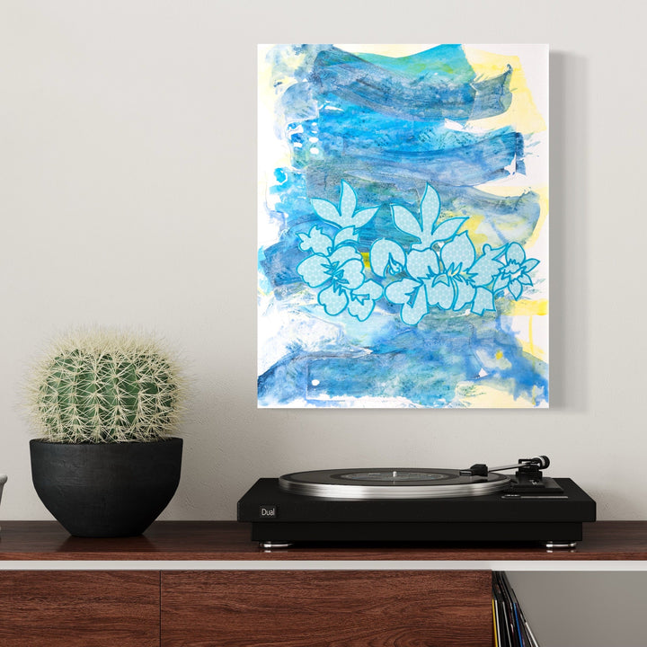 The artwork 'Lani' by Lisa Petker Mintz features delicate blue floral designs floating against a watercolor-style background of vibrant azure blues and soft yellow accents. The acrylic painting showcases a dreamy, ethereal quality with translucent layers and flowing brushstrokes on board, measuring 20 inches high by 16 inches wide.