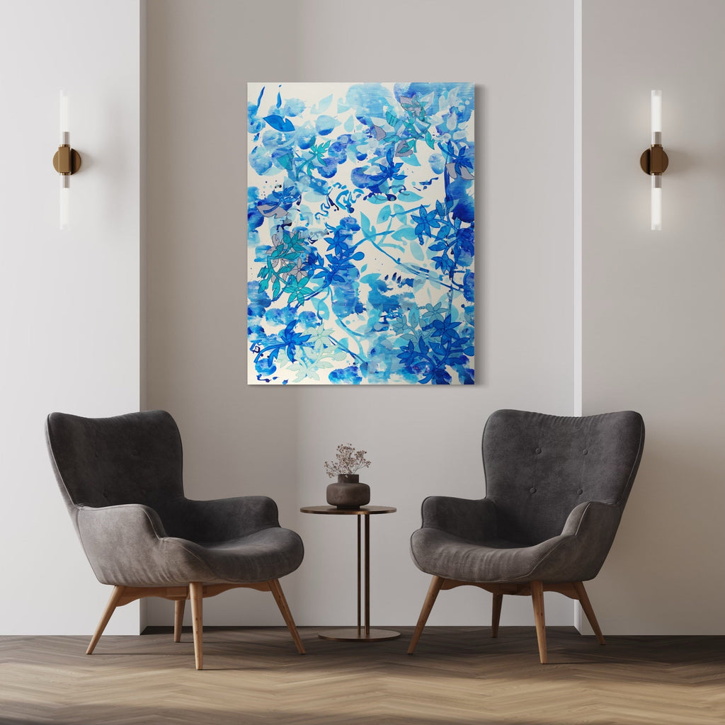 The artwork 'Large Blue Vines' by Lisa Petker Mintz features a dynamic abstract composition of flowing blue vines and organic shapes in varying shades of azure, turquoise, and cerulean. The mixed media painting on canvas creates a fluid, nature-inspired pattern with expressive brushstrokes and layered textures, measuring 48x36 inches.