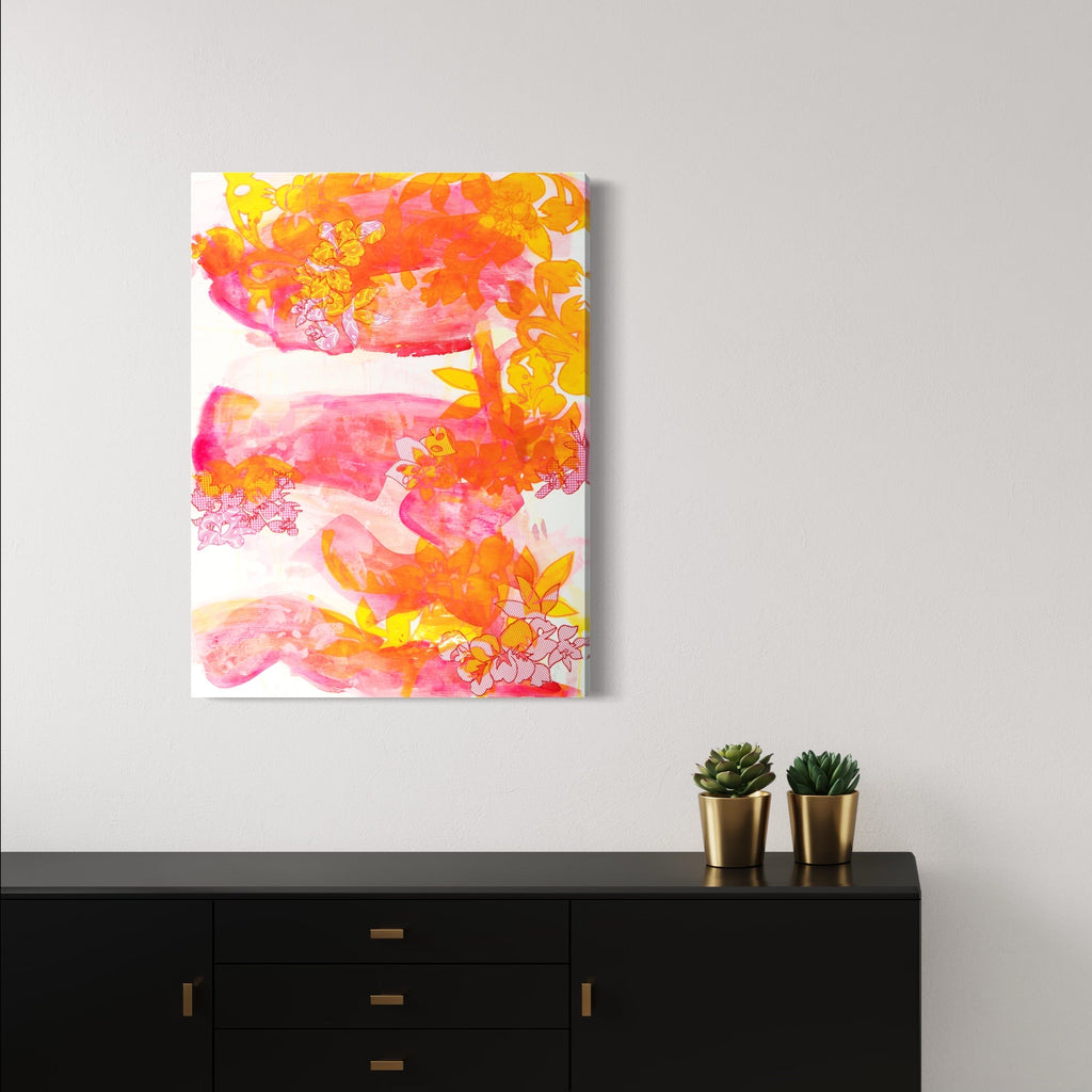 The artwork 'Rhapsody in Pink' by Lisa Petker Mintz features vibrant watercolor-like brushstrokes in pink and golden yellow hues, creating fluid abstract waves across a white canvas. The mixed media composition showcases dynamic movement with organic flowing forms, blending warm sunset colors in a dreamlike, ethereal pattern. 40x30 inches abstract canvas art by Lisa Petker Mintz.