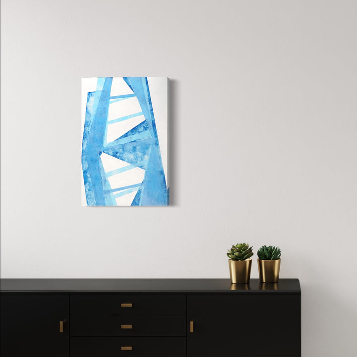 The artwork 'Stairway to Heaven No 4' by Lisa Petker Mintz features geometric abstract shapes in ethereal blue watercolor tones. Angular white spaces intersect with translucent azure forms, creating a ladder-like ascending pattern against a clean white background. The acrylic painting on canvas displays a minimalist composition with dynamic movement and airy perspective.