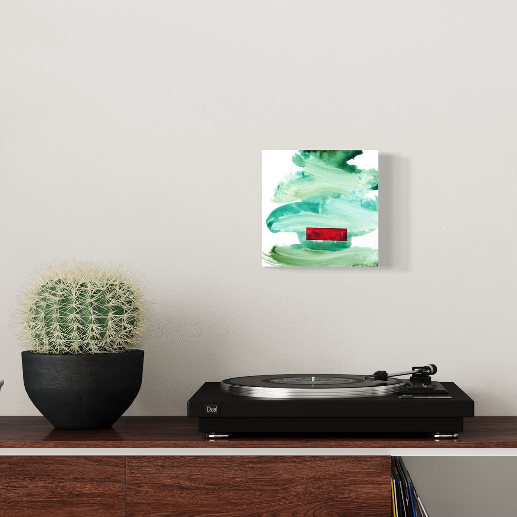 The artwork 'Stormy Day' by Lisa Petker Mintz features dynamic brushstrokes in varying shades of seafoam green and turquoise acrylic paint, with a bold red rectangular accent centered within the aquatic hues. The abstract composition on 8x8 board creates a sense of movement and atmospheric turbulence through fluid, sweeping brushwork and contrasting colors.