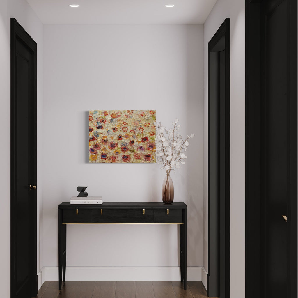 Spring Wants to Say Something #2 by Ayane Kurai: Abstract oil painting featuring impressionistic floral forms in vibrant coral, red, and orange against a textured cream background. Bold impasto technique creates dimensional blooms scattered across the canvas in a dynamic, spring-inspired composition.