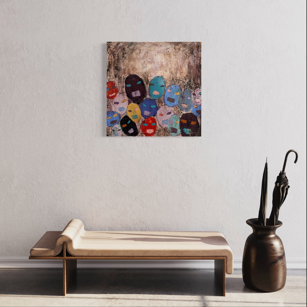 The artwork 'Farewell to the Darkness' by Ayane Kurai features abstract faces rendered in vibrant blues, reds, and earth tones against a textured beige background. The oil painting displays multiple overlapping mask-like shapes creating a rhythmic composition, with expressive brushwork and rich impasto technique on canvas. The contemporary style piece measures 30x30 inches.