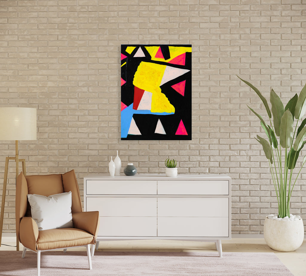 The artwork 'Street Smarts' by Gyan Shrosbree features bold geometric shapes on a black background, including vibrant yellow blocks, hot pink triangles, light blue angular forms, and white accents. The abstract composition creates a dynamic interplay of sharp edges and color contrasts, painted in acrylic on stretched linen canvas.