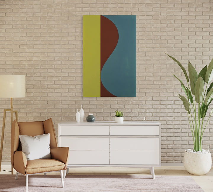 The artwork 'Diversion' by Shyun Song features a minimalist geometric composition with three distinct color blocks: a chartreuse yellow strip, a rust-brown curved shape, and a serene teal blue section. The oil on canvas painting showcases clean lines and smooth color transitions, creating a harmonious abstract modern design.