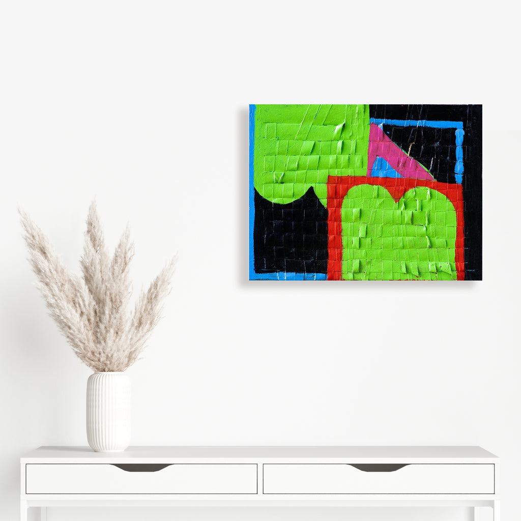 The artwork 'Lots of suggestions Lots of Compliments' by Gyan Shrosbree features vibrant geometric shapes against a black background. Bold lime green forms contrast with a bright blue frame and red accent, creating a dynamic abstract composition with textured brushstrokes on canvas. The acrylic painting showcases a contemporary, graphic style.