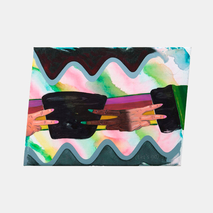 The artwork 'Identity Division' features abstract waves in turquoise and gray framing a horizontal composition with black geometric shapes against a vibrant watercolor-like background of pink, yellow, and green hues. Abstract finger-like forms in coral and orange stretch across the center, creating dynamic movement. Oil and acrylic on cotton by Christian Perdix.