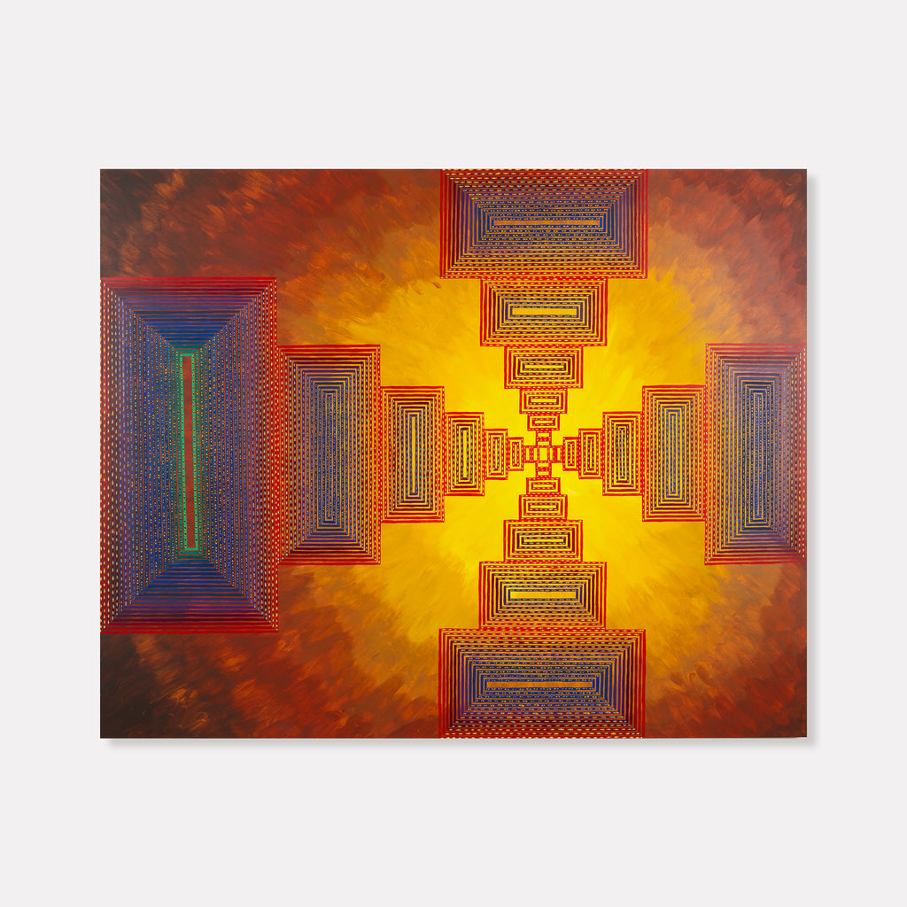The artwork 'If We Could Have Loved' by Amber Heaton features a geometric cross pattern of rectangular frames in vibrant blue and red, radiating from a brilliant golden center. The nested rectangles create an optical illusion of depth against a warm orange-brown background, combining precision line work with bold color contrasts in acrylic on panel, 48x60 inches.