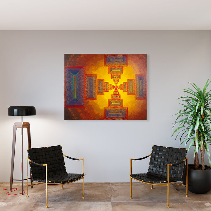 The artwork 'If We Could Have Loved' by Amber Heaton features a striking geometric composition with a mesmerizing tunnel-like perspective. Rich golden-yellow light radiates from the center, surrounded by rectangles in deep blues and rusty reds. The acrylic painting creates an optical illusion of infinite depth through repeated geometric patterns, showcasing a blend of warm and cool tones on a 48x60 inch panel.