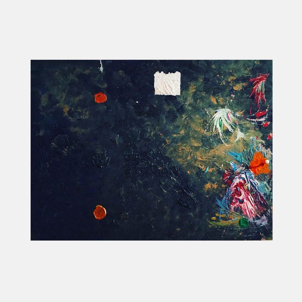 The artwork 'Immortals of the Sky' by Dom Hiddo features a dramatic deep navy background with vibrant splashes of red, turquoise, and coral hues emerging from the right corner. Abstract floral-like forms dance across a textured surface created with acrylic, pen, and ashes on cotton, while two striking red dots and a white square float mysteriously in the darker portion of the composition.