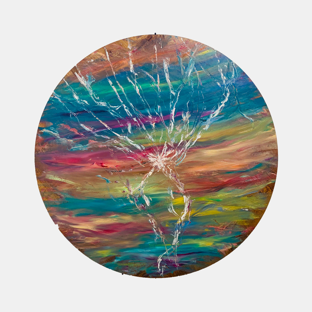 The artwork 'Impressions of Light 1' by Jadie Meprivert features a vibrant circular composition with dynamic brushstrokes in turquoise, coral, and golden hues. Abstract white lightning-like patterns streak across a swirling landscape of layered oil paint on wood, creating a dramatic interplay of color and movement in this 48x48 inch piece.