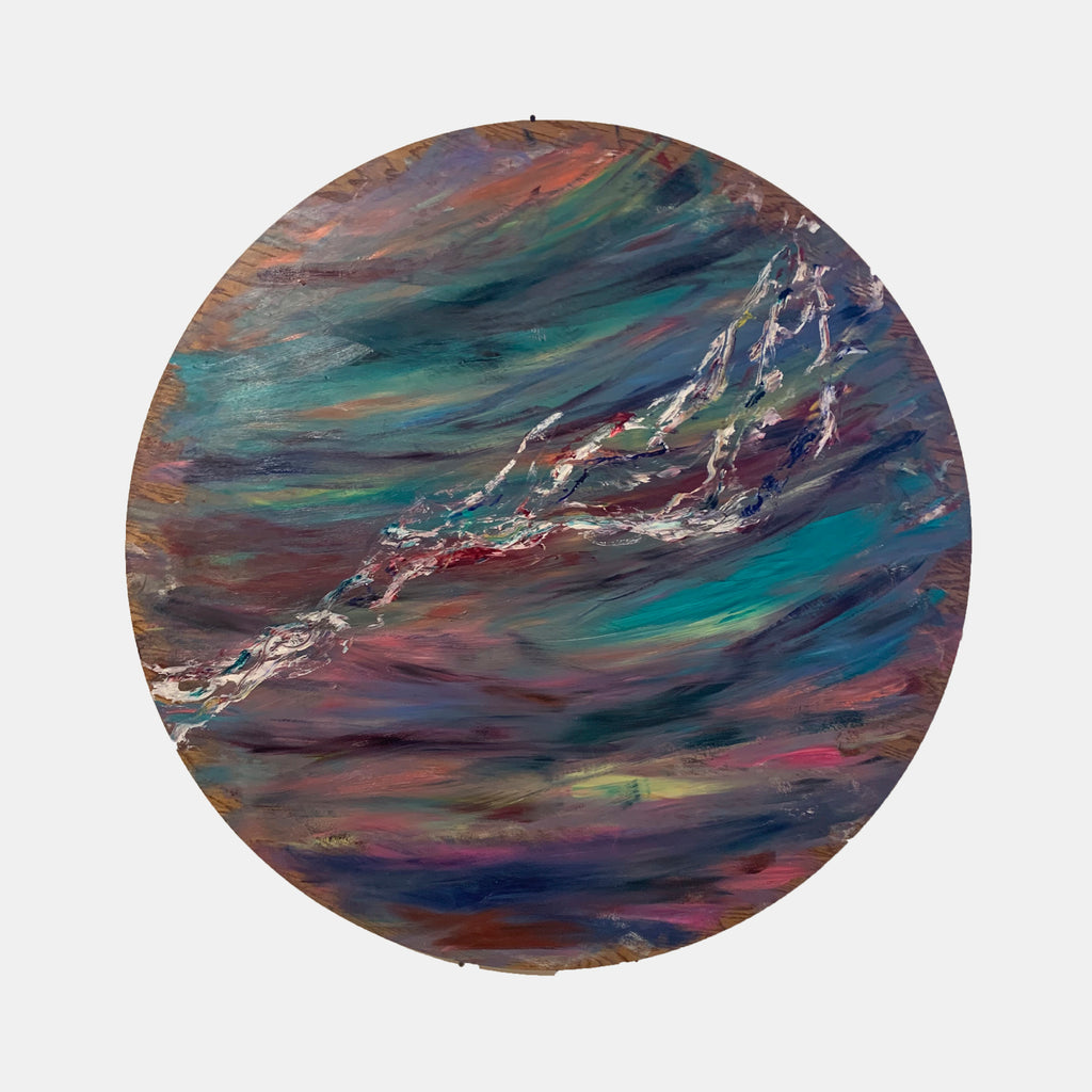 The artwork 'Impressions of Light 2' by Jadie Meprivert features dynamic swirling brushstrokes in deep turquoise, navy blue, and burgundy tones, creating a fluid circular composition. Abstract white peaks emerge from turbulent waves, suggesting mountain peaks or cresting waves. The oil on wood painting conveys movement through textured impasto technique and bold color transitions.