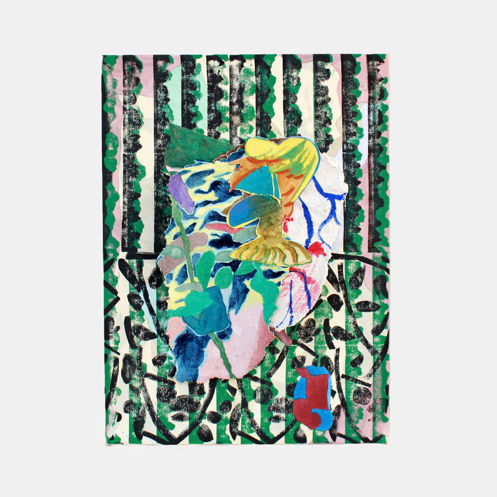 The artwork 'In Flux' by Winnie Sidharta features dynamic abstract forms in watercolor and ink, with vertical emerald green stripes framing a central explosion of colors. Yellow, blue, and turquoise shapes dance across white space, creating a sense of movement and fluidity. The composition balances structured patterns with spontaneous artistic expression on handmade absorbent ground.