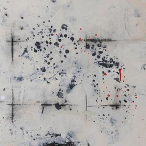 The artwork 'In Grid 1' by Shira Toren features dynamic abstract composition on textured Venetian plaster. Black splattered dots and geometric crosses create movement across a misty white canvas, with striking red accents scattered throughout. The organic pattern suggests movement and depth, contrasting smooth and textural elements in a 40x30 inch format.