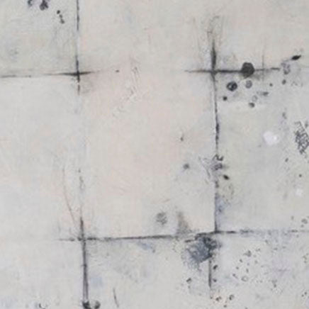 The artwork 'In Grid 2' by Shira Toren features a minimalist composition with intersecting dark lines forming a grid pattern on a textured white Venetian plaster background. Subtle gray and black splatters create an organic contrast against the geometric structure, while delicate pigment variations add depth and visual interest.