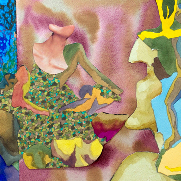 The artwork 'In The Distance' by Winnie Sidharta features an abstract collage composition with vibrant watercolor elements. Fluid shapes in yellow, blue, pink, and olive green interweave across the canvas, creating dynamic movement. A textured speckled pattern in earthy tones adds depth, while ethereal washes of mauve and turquoise create atmospheric depth in this mixed media piece.