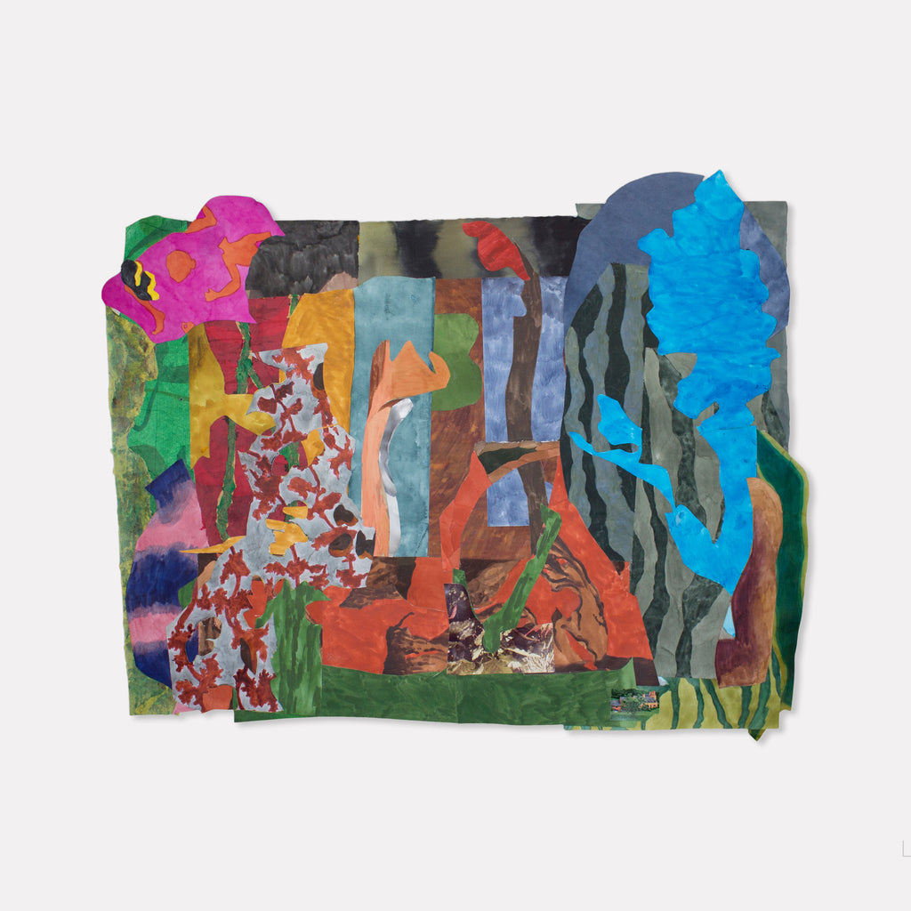 The artwork 'In The Fold' by Winnie Sidharta features a vibrant abstract collage combining torn watercolor paintings on paper. Bold shapes in electric blue, magenta, forest green, and orange create a dynamic composition with organic forms reminiscent of foliage and natural elements. The layered, textural effect suggests depth and movement through overlapping geometric and fluid patterns.