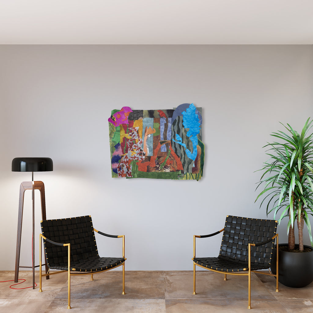 The artwork 'In The Fold' by Winnie Sidharta features a vibrant collage composition combining torn and layered watercolor paintings. Abstract shapes in bright magenta, electric blue, forest green, and earthy orange create a dynamic, textural landscape. The irregular edges and overlapping elements suggest depth and movement, mounted thoughtfully on paper to form a cohesive 47x38 inch contemporary piece.