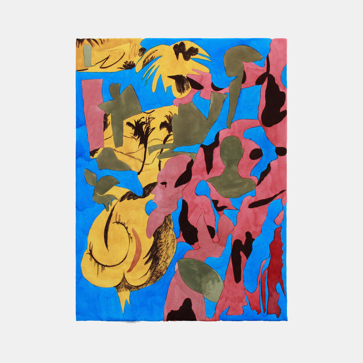 The artwork 'In The Shadow' by Winnie Sidharta features vibrant abstract forms in watercolor, showcasing dynamic yellow blooms against a brilliant blue background, complemented by olive green foliage and coral pink organic shapes. The composition creates a bold interplay of colors and fluid movements across the stretched paper surface, measuring 18 x 24.5 inches.