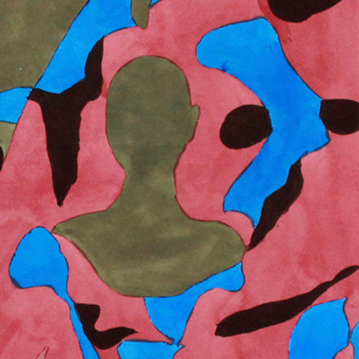 The artwork 'In The Shadow' by Winnie Sidharta features an abstract silhouette composition in watercolor, combining vibrant coral pink, electric blue, and olive green shapes against a textured background. The fluid forms create a dynamic interplay of negative and positive space, measuring 18 x 24.5 inches on stretched paper.