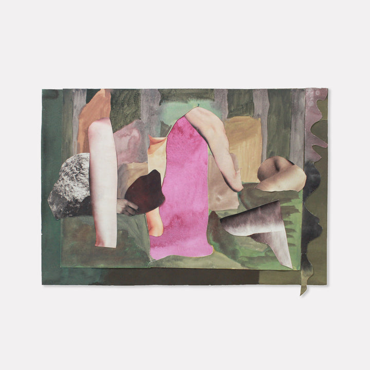 The artwork 'In The Stillness' by Winnie Sidharta features abstract painted cutouts arranged in a collage style, combining watercolor prints in soft pink, beige, and white tones against a deep green background. The composition shows organic, curved shapes layered with geometric elements, creating a harmonious balance between form and negative space.