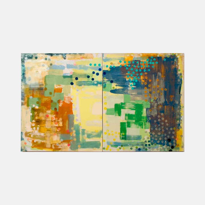 The artwork 'India Street Landing' by Molly Herman features an abstract oil painting with vibrant brushstrokes in yellow, blue, green, and orange. Textured dots pattern across the canvas, creating a dynamic interplay between geometric and organic forms. The composition transitions from warm tones on the left to cooler hues on the right, with layered paint techniques suggesting depth and movement.