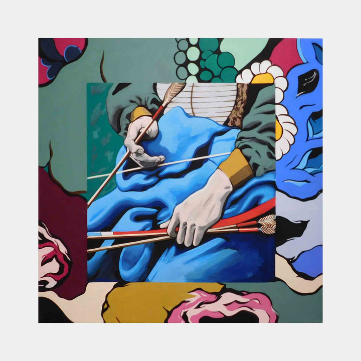 The artwork 'Indian Hands' by Ellannah Sadkin features a vibrant pop art composition depicting hands holding arrows against a blue background, surrounded by decorative floral elements in green, pink, and burgundy. The acrylic painting showcases bold outlines and color blocking in a contemporary cartoon style, expressing Native American themes through modern artistry.