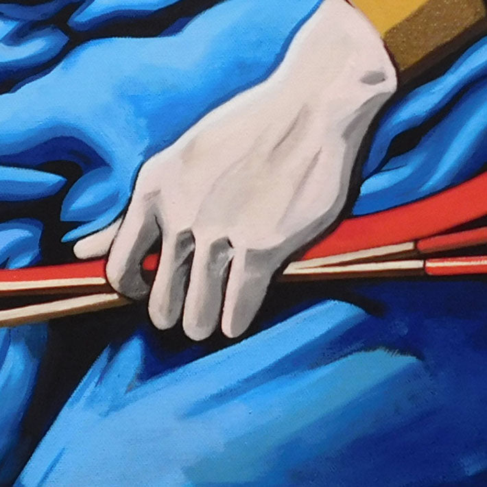 The artwork 'Indian Hands' by Ellannah Sadkin features a striking acrylic painting of a white hand against vibrant blue and red backgrounds. The hand is painted in a bold, graphic style with strong outlines and smooth textures, reaching across diagonal red and brown elements. The composition showcases dramatic contrasts and contemporary pop art influence on a 20x20 inch canvas by Ellannah Sadkin.