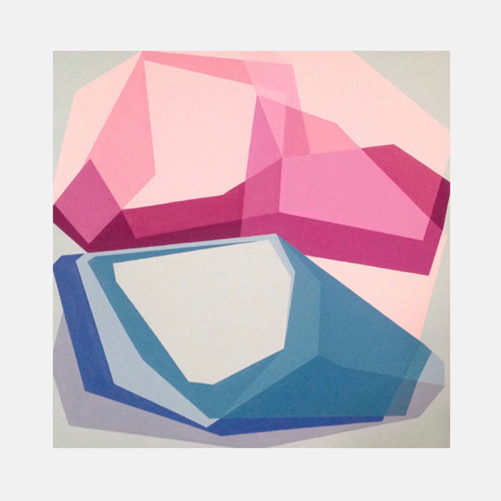 The artwork 'Inferred from Regularities' features geometric abstract shapes in contrasting colors - a pink angular form above and a blue geometric shape below, creating a balanced composition on oil canvas. The shapes appear to float on a light gray background, showcasing clean lines and overlapping transparent layers. By Kati Vilim.