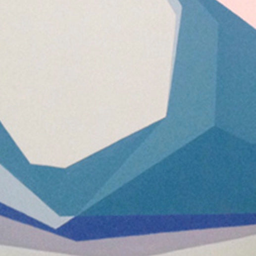 The artwork 'Inferred from Regularities' by Kati Vilim features geometric abstraction with angular shapes in contrasting white and blue tones. The composition displays bold hexagonal forms against a layered background of varying blue hues, creating a dynamic interplay of geometric elements on oil canvas.
