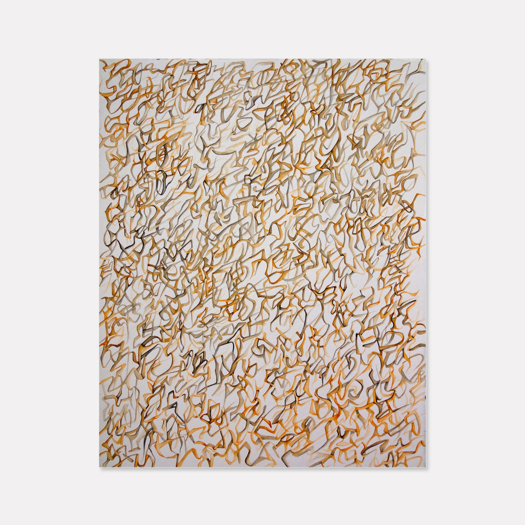 The artwork 'Inside the Next' by Megan Olson features an intricate network of fluid, organic lines in warm amber and golden brown tones against a light gray background. The watercolor composition creates a delicate, abstract pattern resembling a maze or flowing natural formations, with varying line weights and subtle color transitions across the 17.5 x 14 inch paper surface. By Megan Olson.