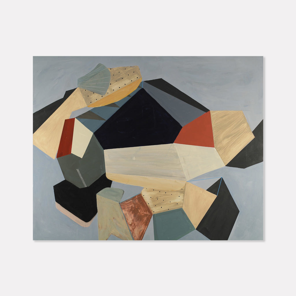 The artwork 'Instructions Not Included' by Karen Nielsen-Fried features an abstract geometric composition with angular shapes in muted tones. Black, beige, and gray polygons intersect with rust-red and sage-green forms against a pale blue-gray background. The acrylic painting on wood panel showcases textured elements and dotted patterns, creating a dynamic modernist arrangement.
