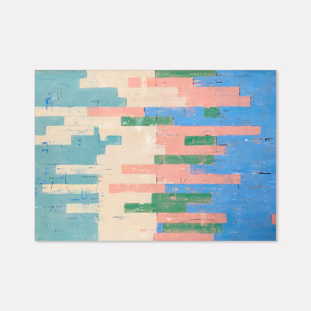 The artwork 'Integration' by Shira Toren features horizontal bands of layered Venetian plaster in soft pastel colors, with turquoise, salmon pink, cream, and cerulean blue creating a harmonious geometric composition. The textured surface reveals subtle variations and distressed effects, measuring 36x48 inches on canvas by Shira Toren.
