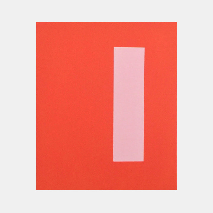 The artwork 'Integrity' by Shyun Song features a minimalist composition with a vertical pale pink rectangular form centered on a vibrant coral-red background. The stark geometric contrast creates a powerful visual statement through oil on canvas, emphasizing simplicity and balance in contemporary abstract style. by Shyun Song