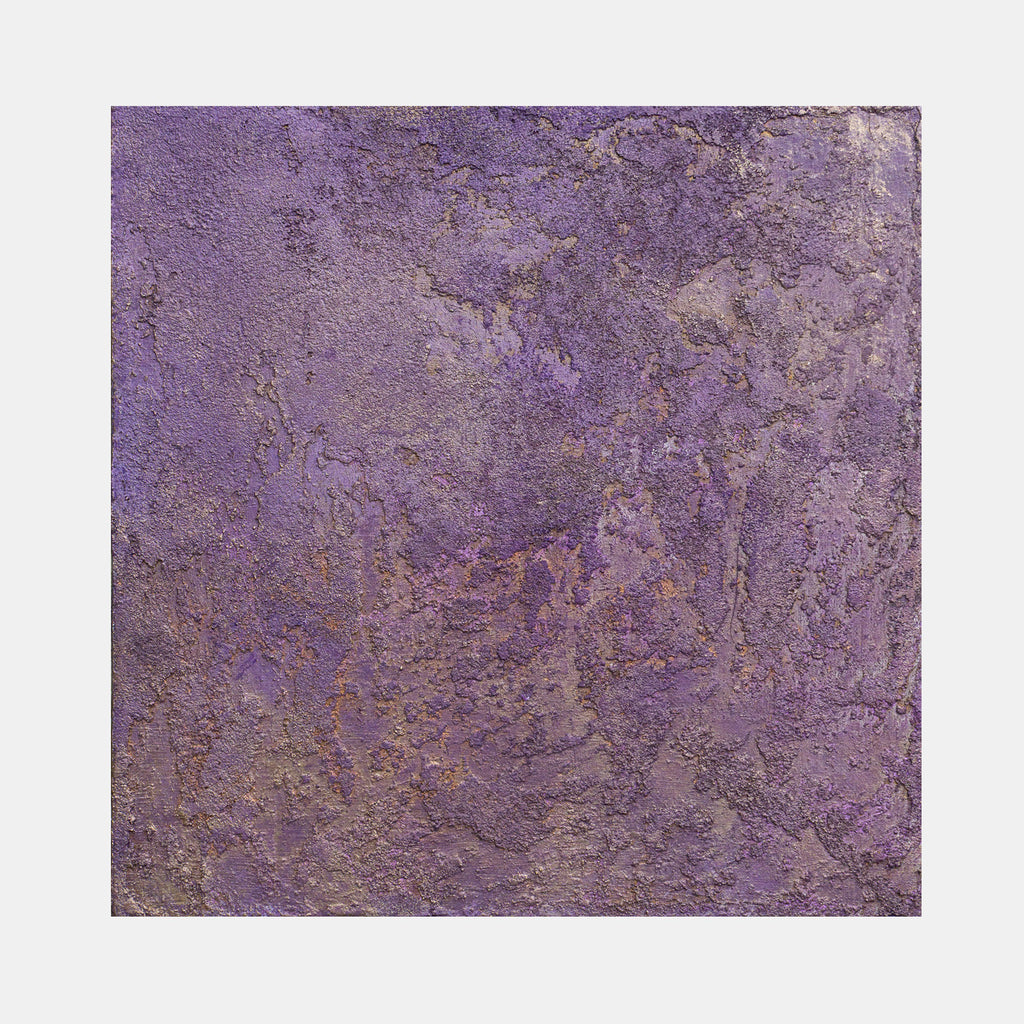 The artwork 'Interference II' by Jacqueline Ferrante features a textured abstract composition in rich purple and bronze tones. The surface displays a weathered, metallic appearance with iridescent elements that create depth and visual intrigue. The acrylic and iridescent pigments on birch panel produce an ethereal, oxidized effect reminiscent of aged metal or mineral formations.