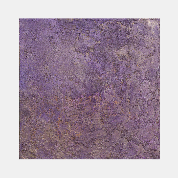 The artwork 'Interference II' by Jacqueline Ferrante features a textured abstract composition in rich purple and bronze tones. The surface displays a weathered, metallic appearance with iridescent elements that create depth and visual intrigue. The acrylic and iridescent pigments on birch panel produce an ethereal, oxidized effect reminiscent of aged metal or mineral formations.