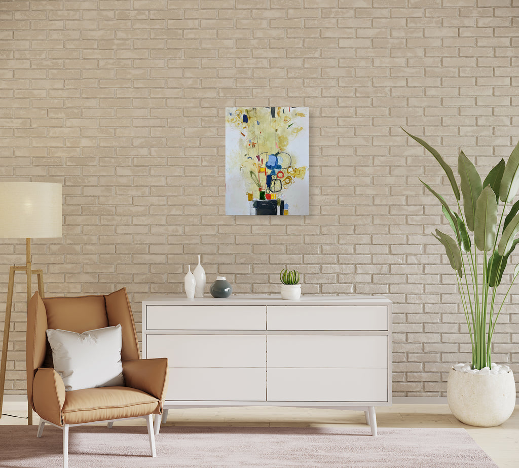 The artwork 'Pandora's Box' by Janice La Motta features an abstract composition with scattered geometric shapes in vibrant primary colors against a soft cream background. Bold strokes of blue, yellow, and red elements float upward from a dark base, creating a dynamic vertical movement. Mixed media technique combines fluid oil paint with textural oil pastel and precise graphite lines on Yupo paper. - Janice La Motta