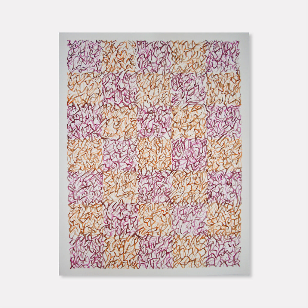 The artwork 'Intersection' by Megan Olson features intricate interwoven curvilinear patterns in warm orange and deep magenta watercolor and gouache on paper. The abstract design creates a mesmerizing maze-like composition with flowing lines that intersect and overlap throughout the 37x29 inch surface, suggesting organic movement and rhythm. By Megan Olson.