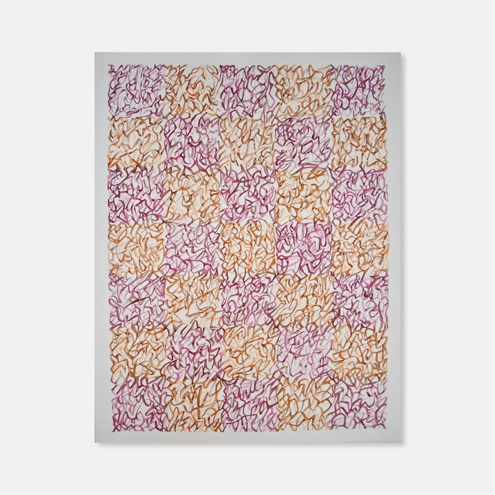 The artwork 'Intersection' by Megan Olson features intricate interwoven curvilinear patterns in warm orange and deep magenta watercolor and gouache on paper. The abstract design creates a mesmerizing maze-like composition with flowing lines that intersect and overlap throughout the 37x29 inch surface, suggesting organic movement and rhythm. By Megan Olson.