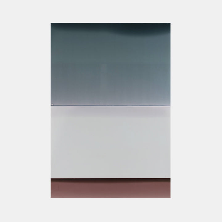 The artwork 'Intervals No.1' by Susan English features a minimalist composition of three horizontal bands in teal, light gray, and mauve. The tinted polymer creates subtle gradients and smooth transitions between colors, with a gentle atmospheric fade in the top section. The panels exhibit a pristine, glossy finish characteristic of polymer medium on panel.