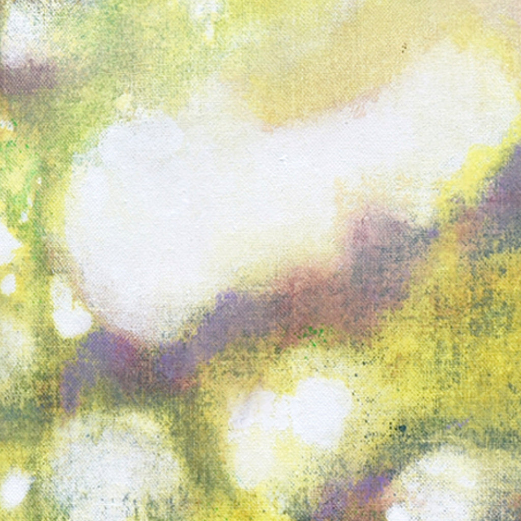 The artwork 'In the Woods' by Takashi Harada features ethereal abstract landscapes in soft yellows, greens, and deep purples. Misty white patches evoke sunlight filtering through trees, while textured brushstrokes in acrylic and cray pastel on cotton create a dreamy, impressionistic forest atmosphere. By Takashi Harada.